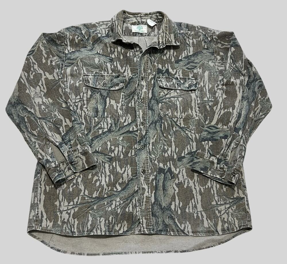 Vintage 80s Mossy Oak Tree Stand Camo Chamois Shirt Heavy Flannel Made in USA XL